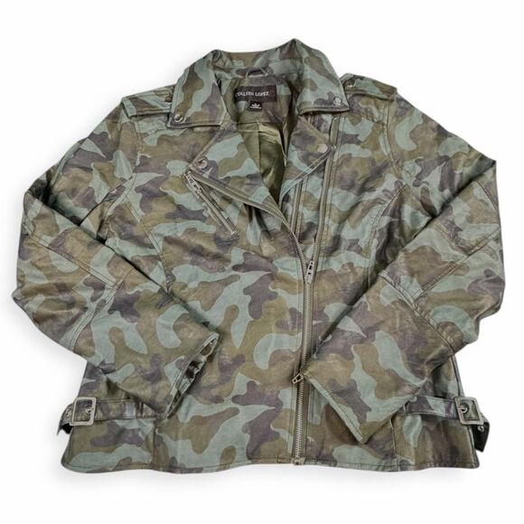 COLLEEN LOPEZ Women’s Green Camo Faux Leather Moto Jacket Size Large - Picture 3 of 7